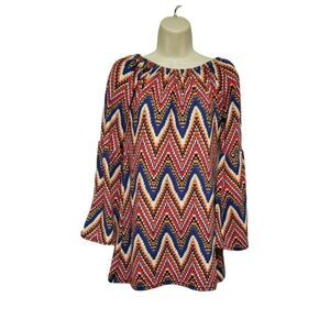 Win-Win Bell Sleeve Off Shoulder Chevron Print Multi Colored Tunic Blouse S/M